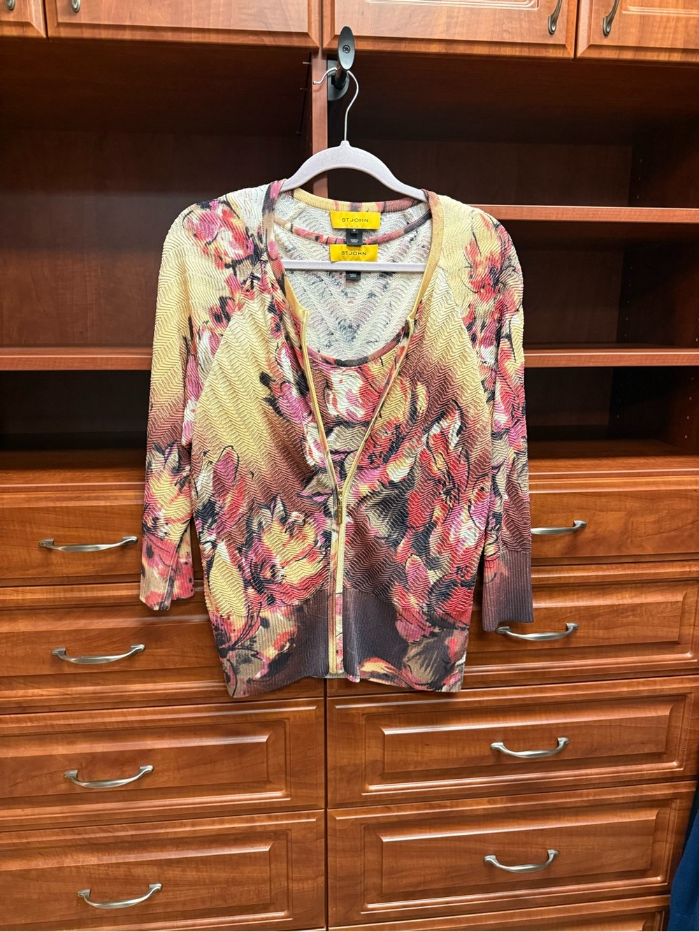 St. John Multicolor Floral Zip-Front Cardigan & Matching Tank Set